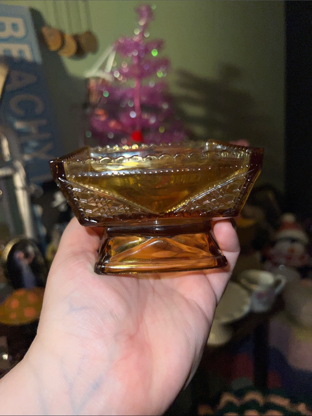 VTG Amber Carnival Glass Nut Candy Bowl Rippled Rim Detailed Design Square - Picture 7 of 10